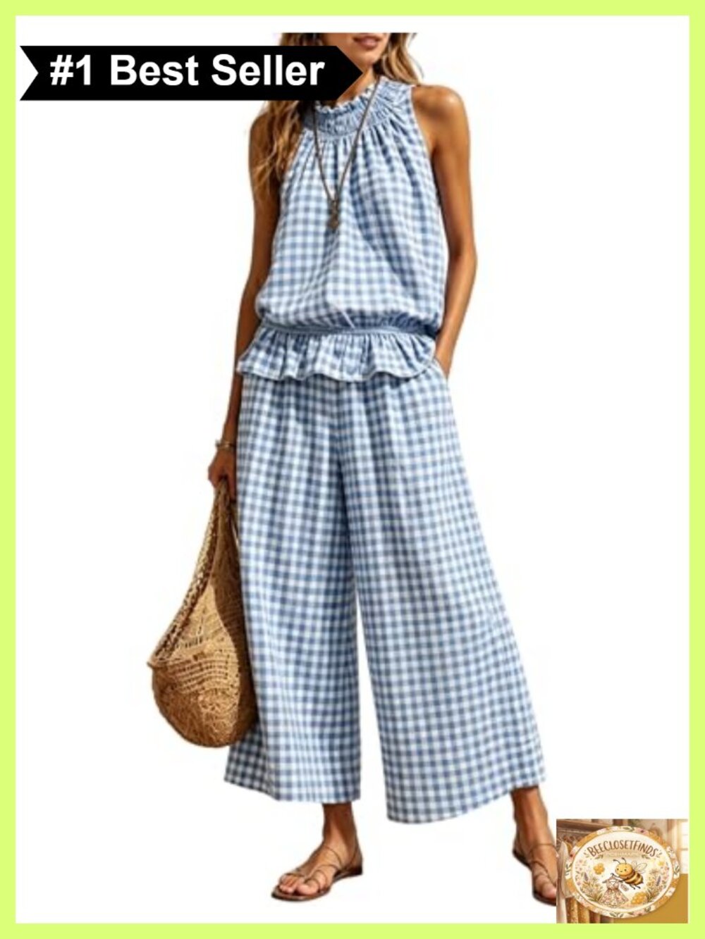 Womens 2 Piece Set Cotton Blend Sleeveless Ruffle Top Wide Leg Pants Summer